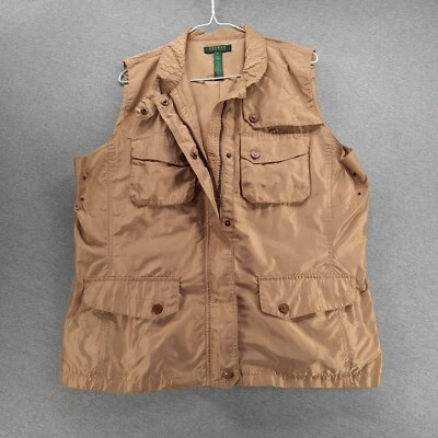 Lauren Ralph Lauren 背心女式 XL 棕褐色实用背心腰带口袋内衬拉链扣 — 第 1/4 张图片