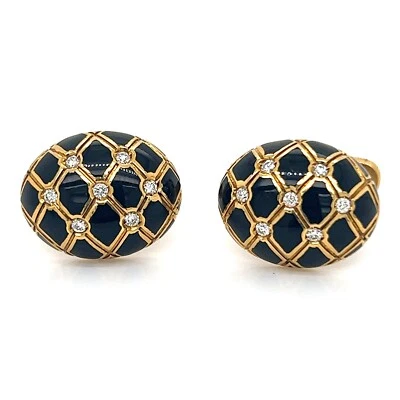 Vintage 18K 750 Yellow Gold Diamond & Black Enamel Tinelli Criss Cross Cufflinks - Image 1 of 4