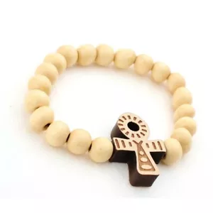 Egyptian Ankh Cross Bracelet Round Wooden Bead Beaded Bangle Jewelry Men Unisex - Picture 1 of 2