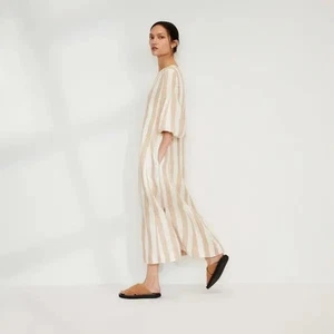 Abito midi Everlane lino A-Line osso bianco/riga caramello taglia 8 boxy Lagenlook - Foto 1 di 15
