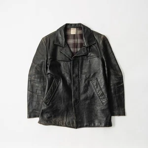 Vintage 80s Black French Leather Workers Coat / Made in France / Size Large - Picture 1 of 8