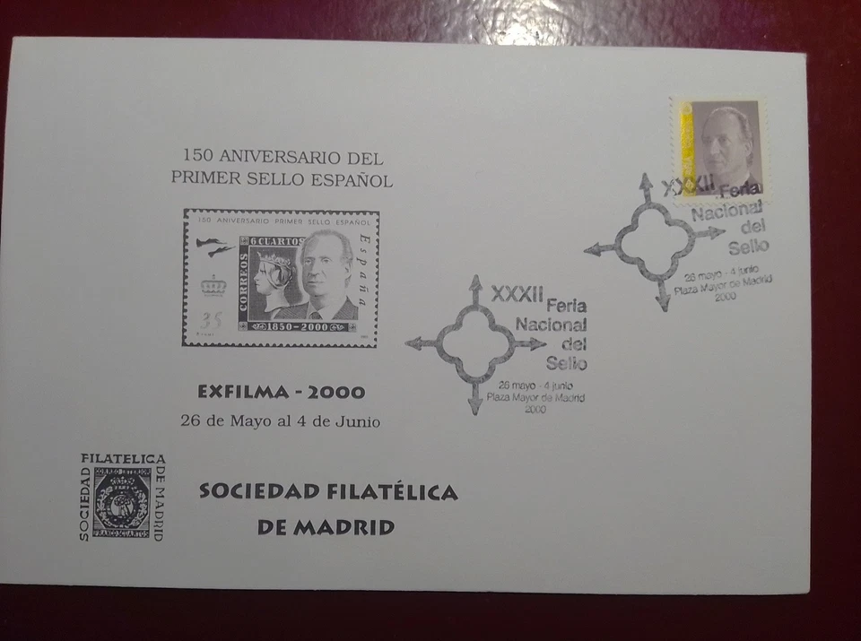 SOBRE ESPECIAL ESPAÑA 2000 EXPO EXFILMA MADRID 150 ANIV PRIMER SELLO ESPAÑOL - Imagen 1 de 1