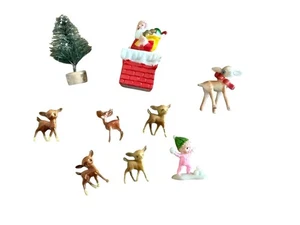 Vintage Miniatur Weihnachtsfiguren Rehe Weihnachtsmann Flaschenbürste Baum Diorama Basteln - Bild 1 von 11
