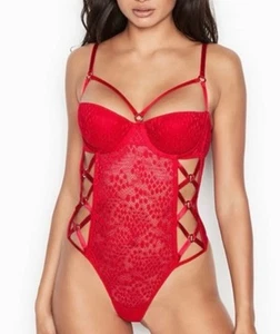 Victoria's Secret KTD 32C TEDDY Cupped Lipsticks one-piece Bodysuit RED Lace - Picture 1 of 9