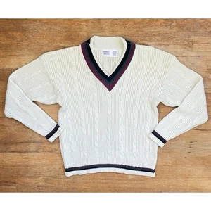 Vintage Zopfmuster Pullover Gr. Large 60er Strick Orlon Acryl gestreift V-Ausschnitt Kni - Bild 1 von 4