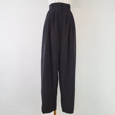 Vintage 80s High Waisted Black Silk Trousers Size L Women's Loose Fit - Image 1 of 4