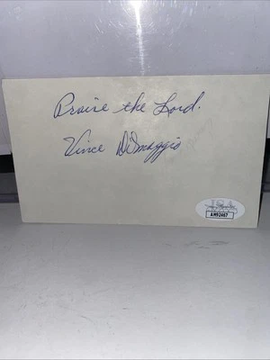 Vince DiMaggio “Praise the Lord” Inscription Autographed 3x5 Card JSA COA - Image 1 of 3
