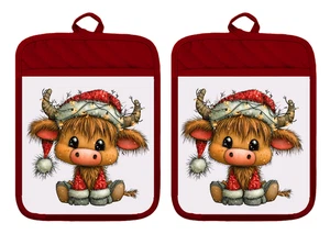 Highland Cow Christmas Santa Pot Holders Oven Mitts Hot Pad Linen Towel XDZ352 - Bild 1 von 14
