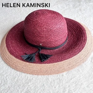 HELEN KAMINSKI Giallo Wide Brim Raffia Straw Hat Sun Hat Maroon Beige UPF50+ - Picture 1 of 12