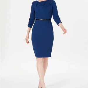 Calvin Klein Gr. 16 W blau Strick Wasserfallausschnitt 3/4 Arm Shift Ponte Strick Gürtel NEU - Bild 1 von 6