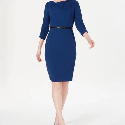 Calvin Klein Sz 16W Blue Knit Cowl Neck 3/4 Sleeve Shift Ponte Knit Belted NEW - Image 1 of 4