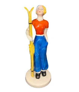 Figura sciatore made in Japan art deco elegante signora con sci 8,5" porcellana vintage - Foto 1 di 5