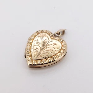 Vintage 9ct Gold Front Back Heart Shaped Locket Pendant Photo Engraved Art Deco - Picture 1 of 16