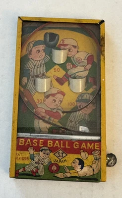 Rare Vintage 1950s Japanese Hand Held Miniature Baseball Tin Pinball Game Yellow - Image 1 of 2