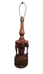 VINTAGE HAND CARVED TEAK WOOD TRIO OF ELEPHANTS TABLE LAMP COLLECTIBLE - Picture 1 of 21