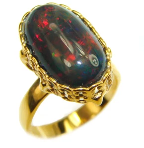 Black Opal Ring 925 Sterling Silver 18K Gold Handmade Oval size: 7.25 - Picture 1 of 3