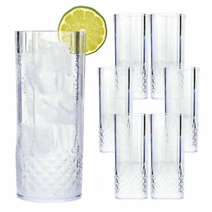 6PK CLEAR CRYSTAL EFFECT LONG DRINK GLASSES PLASTIC HIGHBALL TUMBLERS REUSABLE - Picture 1 of 3