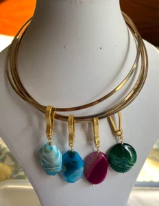 Large Dyed Agate Pendants on Gold Plated Circular Neck Rings - Picture 1 of 14