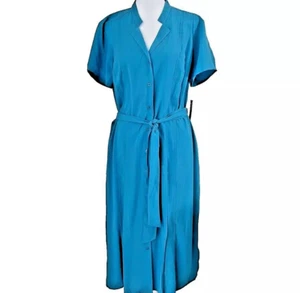 NWT Shirt Dress Size Large Dana Buchman Retro Midi Blue Tie Waist Pockets Blue - Picture 1 of 10