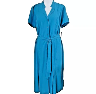 NWT Shirt Dress Size Large Dana Buchman Retro Midi Blue Tie Waist Pockets Blue - Image 1 of 4