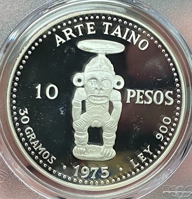 1975 DOMINICAN REPUBLIC PROOF SILVER 10 PESO TAINO ART KM-38 PCGS PR 68 DCAM - Image 1 of 4