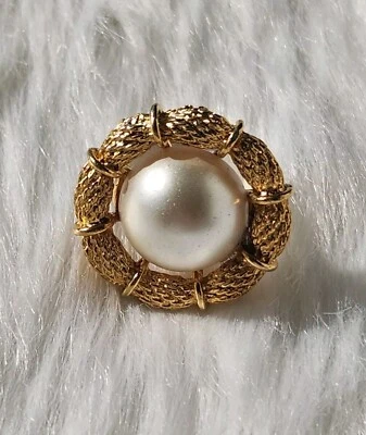 Vintage Signed CORO Large Round Faux Pearl Cabochon Floral Ring Size 6.5 - Image 1 of 4