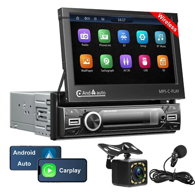 Single 1DIN 7" Retractable Car Stereo Radio Touch Screen AUX USB BT+ Camera Mic - Image 1 of 4