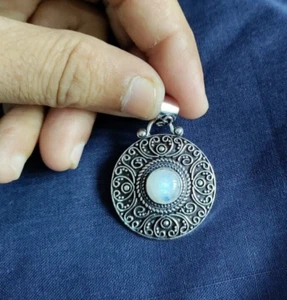 Natural Rainbow Moonstone Oxidized 925 Silver Plated Loose Stone Charm Pendant - Picture 1 of 5