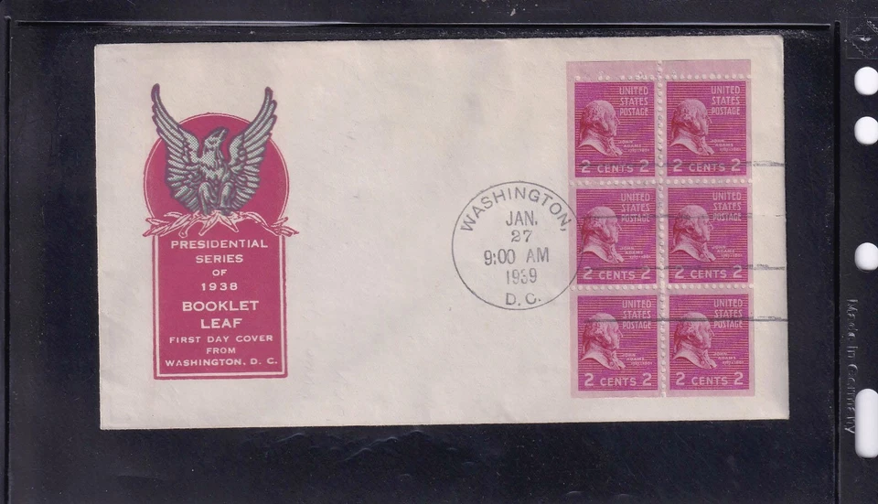 SCOTT 806B JOHN ADAMS IOOR BOOKLET PANE BP-6 TAB FIRST DAY COVER FDC - Image 1 of 1