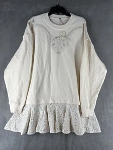 Free People Prairie Sweatshirt Size Large Eyelet Pullover Ivory Oversized - Picture 1 of 8