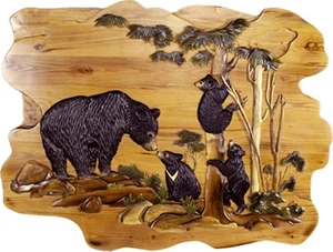 Bear Cubs in Forest Hand Crafted Intarsia Wood Art Wall Hanging 30 X 38 X 2.5 - Picture 1 of 1