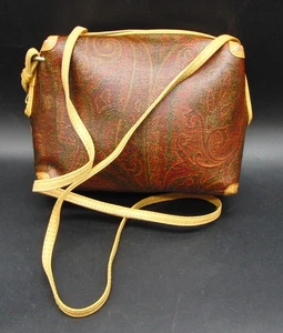 Etro Brown Paisley Coated Canvas Tan Leather Crossbody Shoulder Bag Handbag - Picture 1 of 9