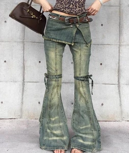 Jeans donna retrò blu slim fit svasati denim cinturino pantaloni punk hip hop - Foto 1 di 7