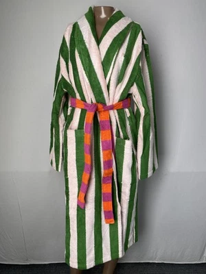 Roupão de banho feminino Dusen Dusen verde/rosa tamanho S listrado cinto auto amarração algodão terry - Imagem 1 de 4