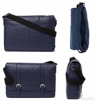 Bolso Mensajero Minimalista para Laptop Cole Haan Azul Cuero Liso Detalle Hebilla Foto 1 de 4