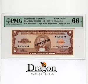 Dominican Republic, 5 Pesos Oro ND (1964-74) SPECIMEN P#100s2 PMG GU66 EPQ - Picture 1 of 2