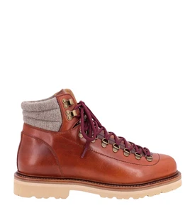 Brunello Cucinelli Mens Brown Leather Boots w Engraved logo & Grey Wool Insert - Picture 1 of 13
