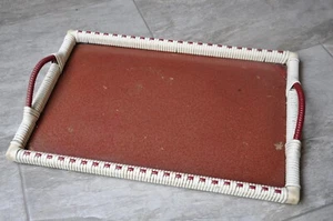 Vintge Retro 1950's Mid Century Coffee Tea Serving Tray + Handles Woven Surround - Picture 1 of 11