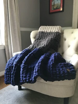 Chunky Knit Blanket - Navy and Gray Striped Throw - Soft Chenille Throw Blanket - Image 1 of 4
