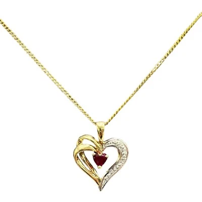 9ct 9k Yellow Gold Created Red Ruby And Diamond Heart Pendant. Brand New - Image 1 of 4