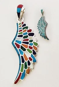 REVERSIBLE MULTICOLOR TURQUOISE SPINY ONYX LAPIZ INLAY .925 SILVER WING PENDANT - Picture 1 of 4
