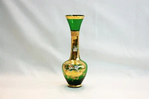 Vintage Lefton Emerald Green Bud Vase Gold Gilding Enamel Flowers Hand Blown - Picture 1 of 10