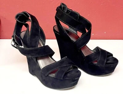 G by Guess Womens 8M Heethe Black Faux Open Toe Wedge Heels Slingback Strappy - Image 1 of 4