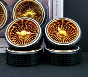 1/18 SUPER SPOKES GOLD LOWRIDER Rims SMOOTH Style 2 Prong K/O & LOW PRO WW Tire - Picture 1 of 5