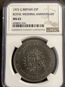 1972 GREAT BRITAIN 25P ROYAL WEDDING ANNIVERSARY NGC MS65 QUEEN ELIZABETH II - Picture 1 of 3