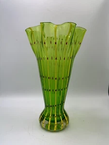 EASTERN ART GLASS Hand Blown 9-3/4” Vase Green Yellow Stripe Red Dots - Picture 1 of 9