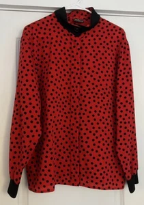 Akris Club Red Black Polka Dot Long Sleeve Button Shirt Blouse Top NWOT 12 - Picture 1 of 7