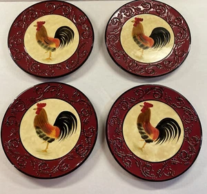 4 Countryside Barn Rooster Salad Plates Italy Farmhouse Country Red Beige 9” - Picture 1 of 11