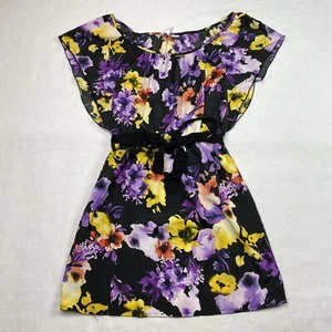 6 Degrees Womens Dress sz S Black Purple Floral Belted Flutter Sleeve Scoop Neck - Picture 1 of 18