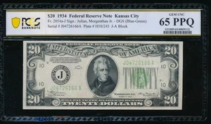 AC Fr 2054-J 1934 $20 Kansas City PCGS 65 PPQ uncirculated - Picture 1 of 2